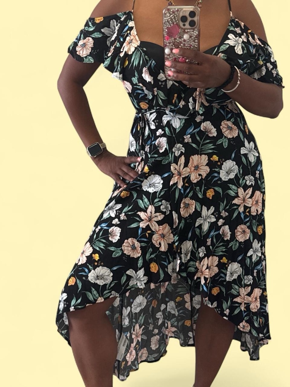 Forever 21 Black Floral High-Low Dress with Pink & Cream Blooms